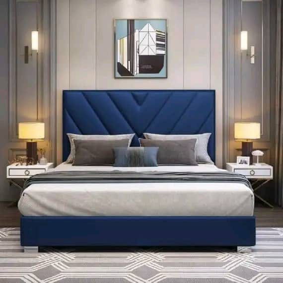 4½ Feet Royal Blue Geometric Upholstered Bed Frame